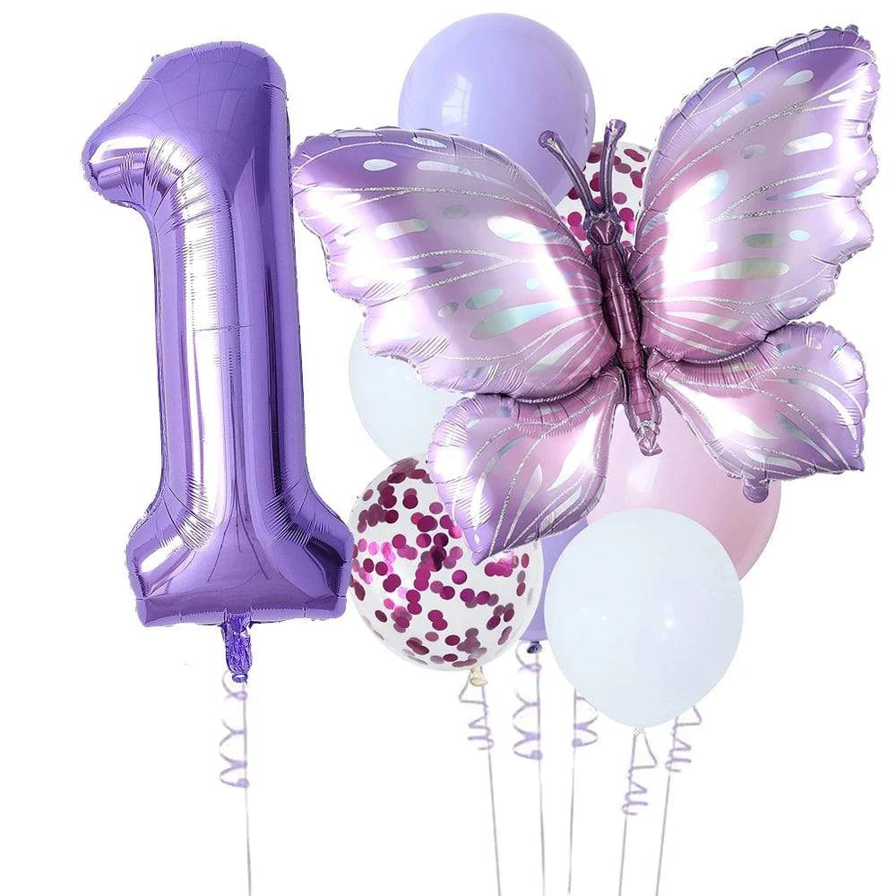 10-Piece Purple Butterfly 40-Inch Number Balloon Set - Perfect for Baby Showers, Birthdays, and Party Decorations - Home Fads
