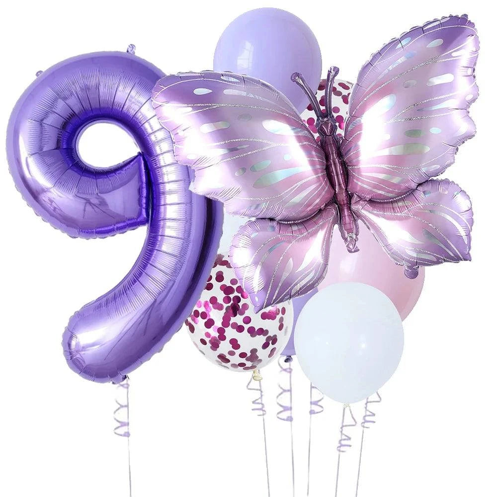 10-Piece Purple Butterfly 40-Inch Number Balloon Set - Perfect for Baby Showers, Birthdays, and Party Decorations - Home Fads