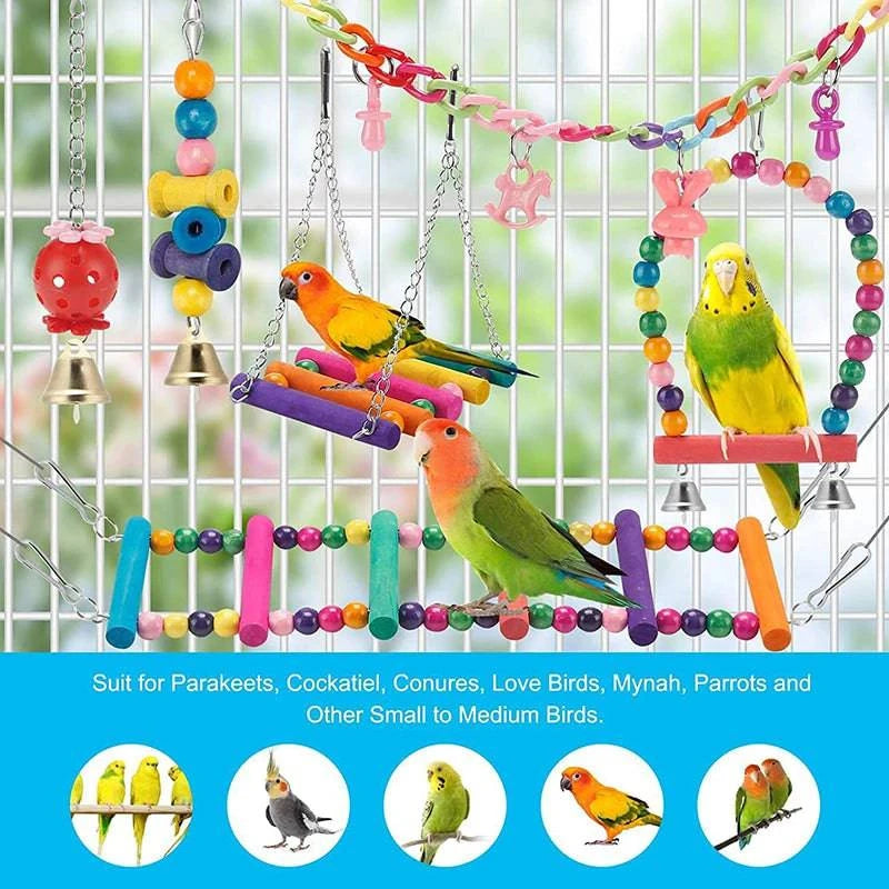 11-Piece Wooden Bird Cage Toy Set for Parrots - Swing, Chewable, Bite Bridge, Wooden Beads Shape, and More - Home Fads