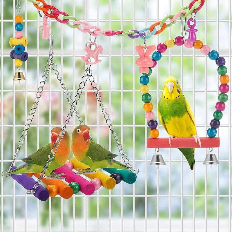 11-Piece Wooden Bird Cage Toy Set for Parrots - Swing, Chewable, Bite Bridge, Wooden Beads Shape, and More - Home Fads