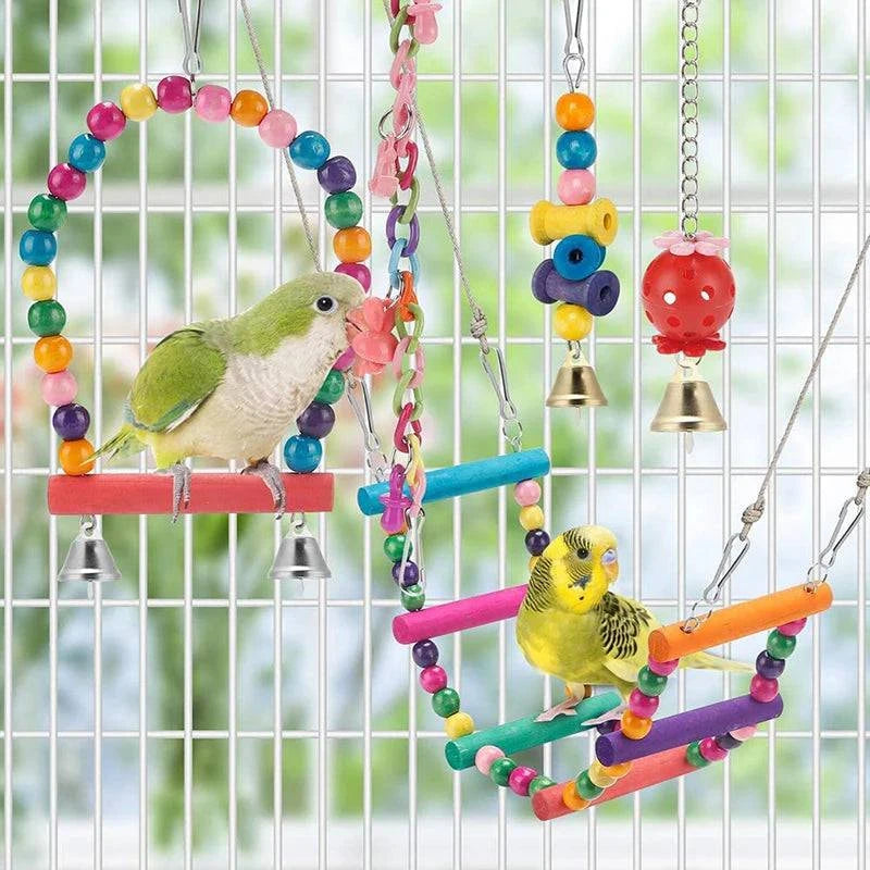11-Piece Wooden Bird Cage Toy Set for Parrots - Swing, Chewable, Bite Bridge, Wooden Beads Shape, and More - Home Fads