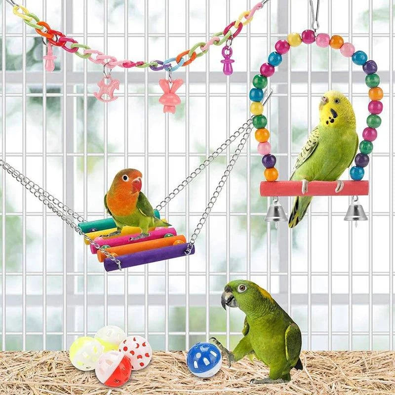 11-Piece Wooden Bird Cage Toy Set for Parrots - Swing, Chewable, Bite Bridge, Wooden Beads Shape, and More - Home Fads