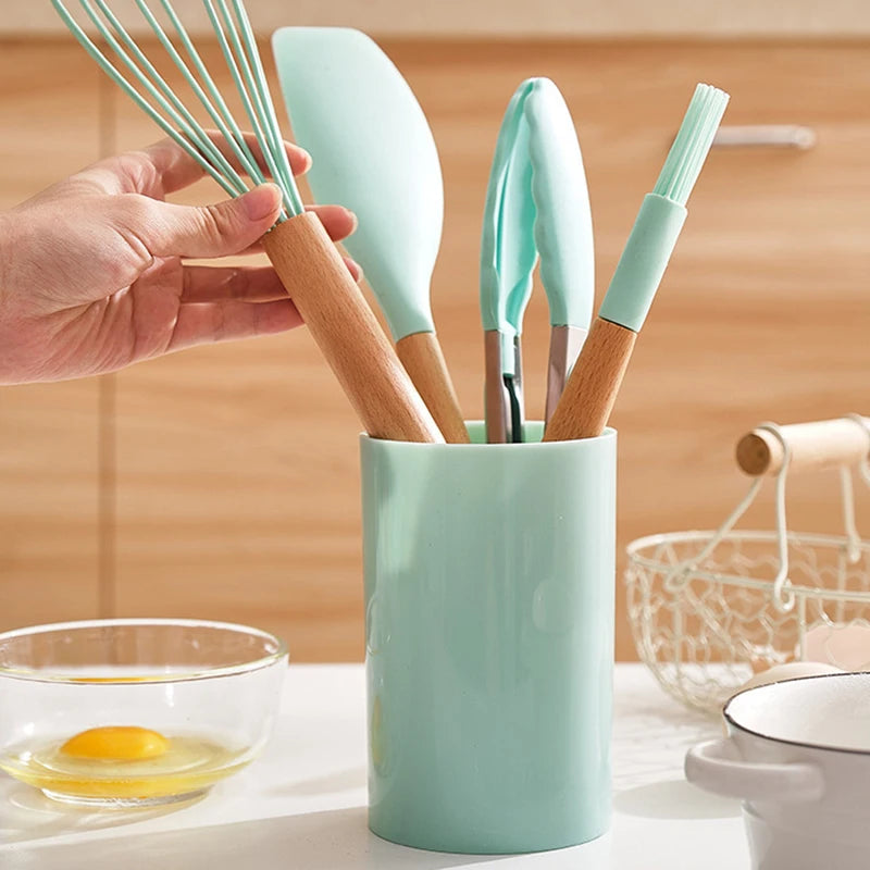 12-Piece Silicone Kitchen Utensils Set with Wooden Handles and Storage Bucket – Non-Stick Spatulas, Spoons, and Cooking Tools - Home Fads