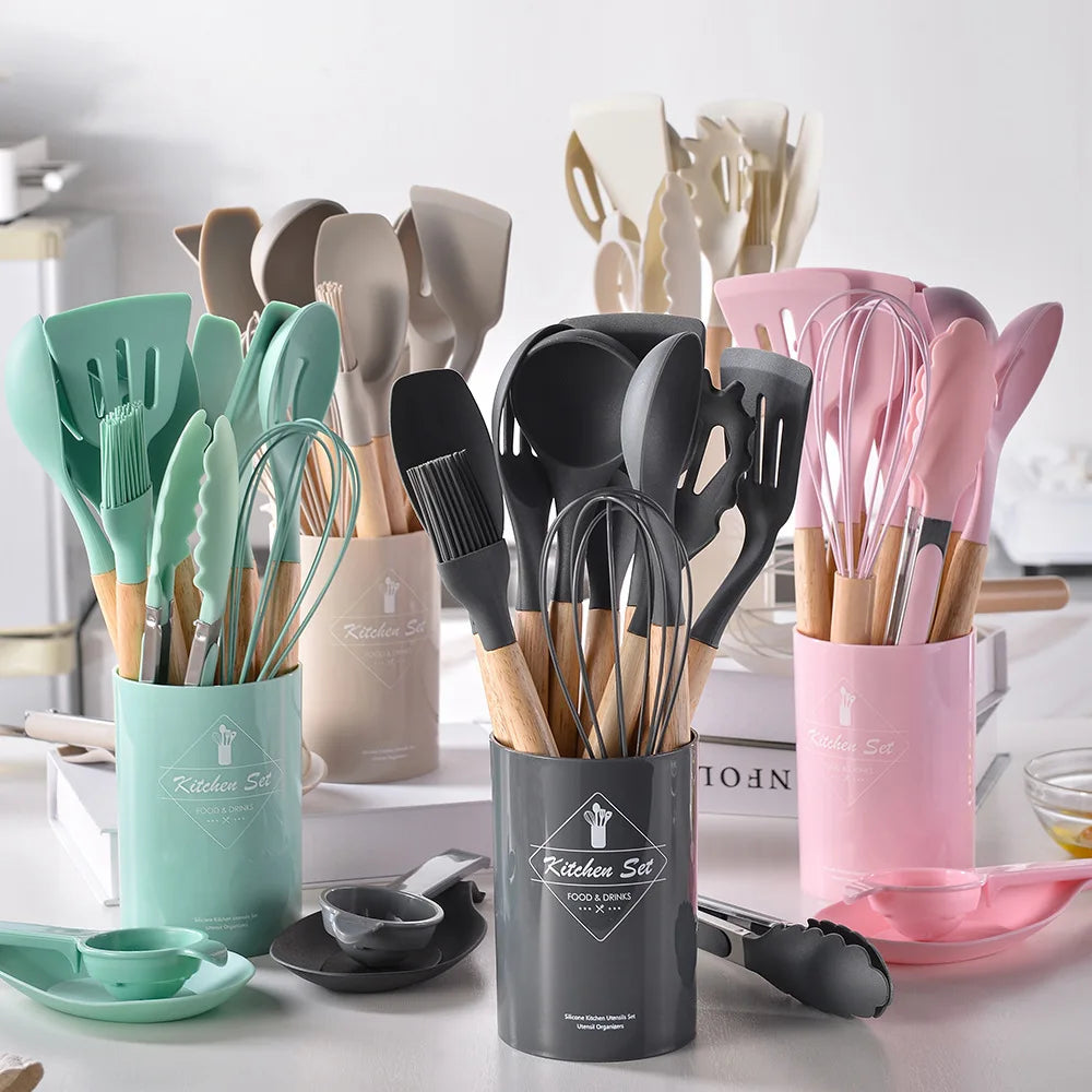 12-Piece Silicone Kitchen Utensils Set with Wooden Handles and Storage Bucket – Non-Stick Spatulas, Spoons, and Cooking Tools - Home Fads