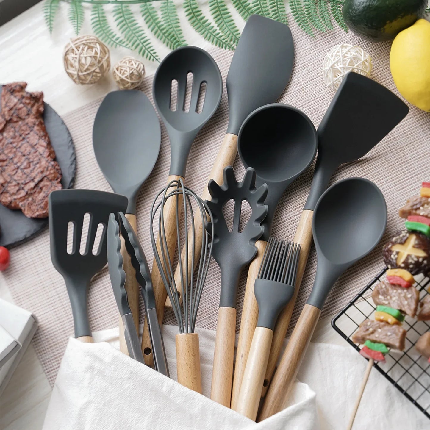 12-Piece Silicone Kitchen Utensils Set with Wooden Handles and Storage Bucket – Non-Stick Spatulas, Spoons, and Cooking Tools - Home Fads