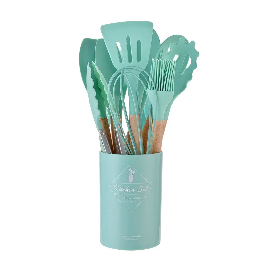 12-Piece Silicone Kitchen Utensils Set with Wooden Handles and Storage Bucket – Non-Stick Spatulas, Spoons, and Cooking Tools - Home Fads