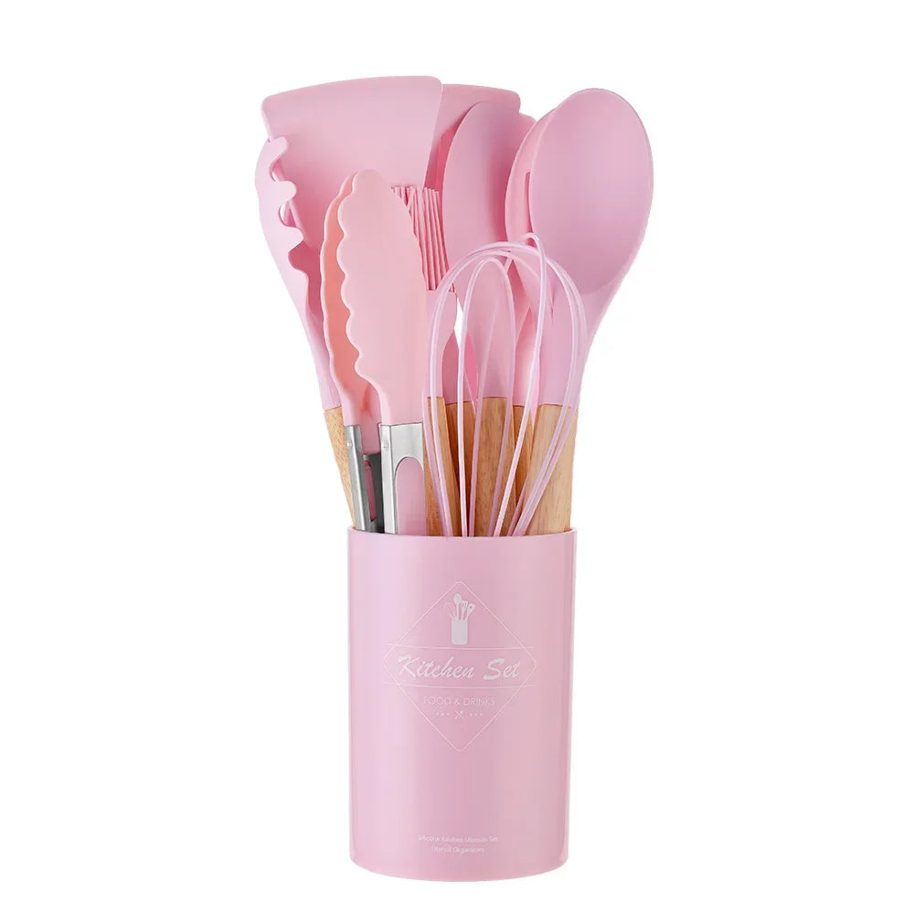 12-Piece Silicone Kitchen Utensils Set with Wooden Handles and Storage Bucket – Non-Stick Spatulas, Spoons, and Cooking Tools - Home Fads