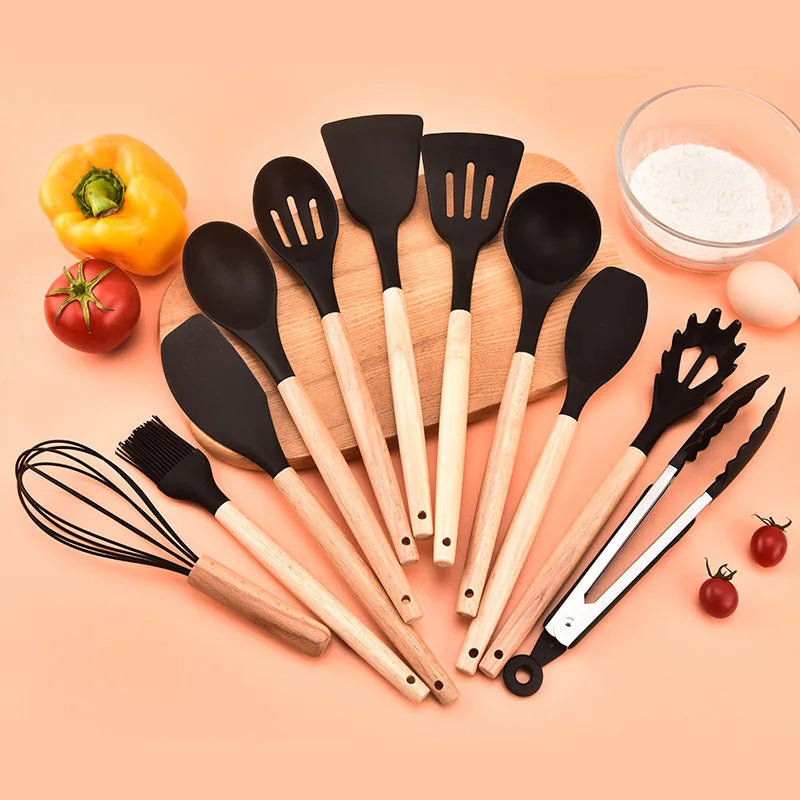 12-Piece Silicone Kitchen Utensils Set with Wooden Handles and Storage Bucket – Non-Stick Spatulas, Spoons, and Cooking Tools - Home Fads