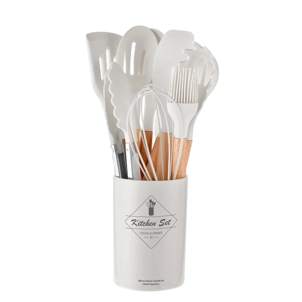 12-Piece Silicone Kitchen Utensils Set with Wooden Handles and Storage Bucket – Non-Stick Spatulas, Spoons, and Cooking Tools - Home Fads