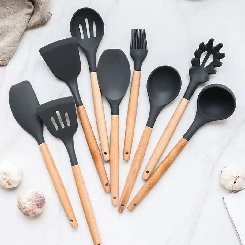 12-Piece Silicone Kitchen Utensils Set with Wooden Handles and Storage Bucket – Non-Stick Spatulas, Spoons, and Cooking Tools - Home Fads