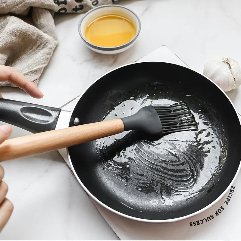 12-Piece Silicone Kitchen Utensils Set with Wooden Handles and Storage Bucket – Non-Stick Spatulas, Spoons, and Cooking Tools - Home Fads