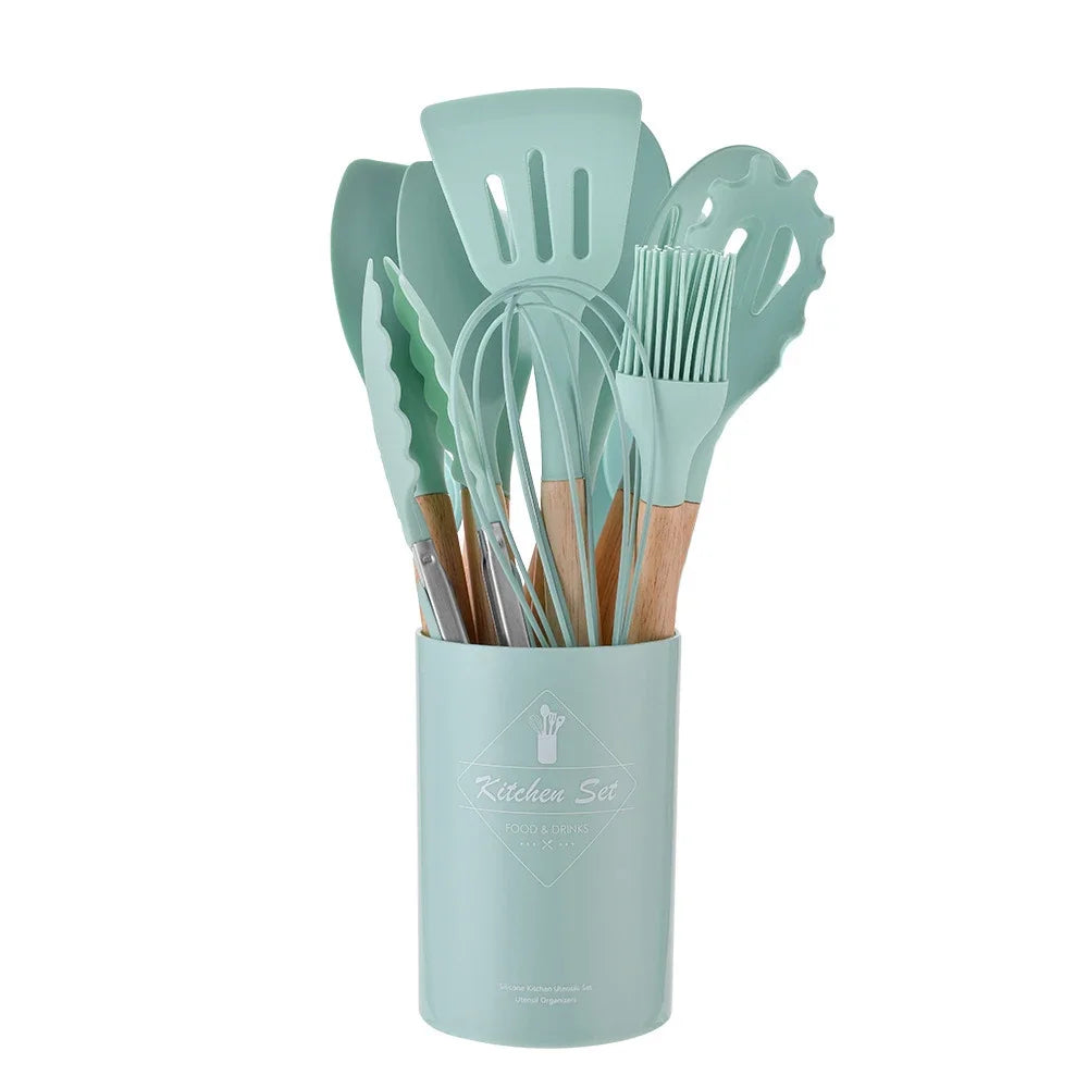 12-Piece Silicone Kitchen Utensils Set with Wooden Handles and Storage Bucket – Non-Stick Spatulas, Spoons, and Cooking Tools - Home Fads