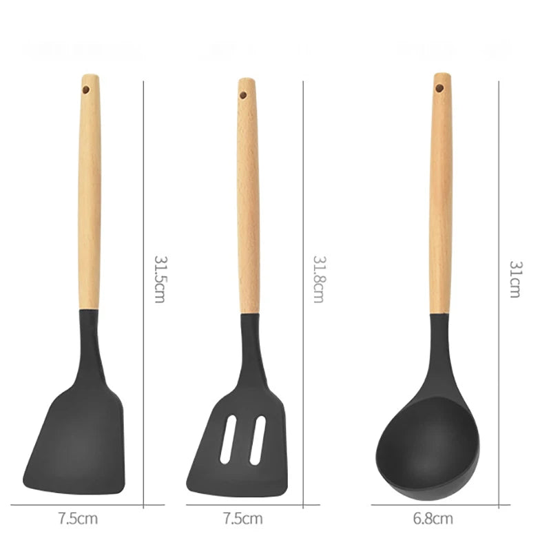 12-Piece Silicone Kitchen Utensils Set with Wooden Handles and Storage Bucket – Non-Stick Spatulas, Spoons, and Cooking Tools - Home Fads