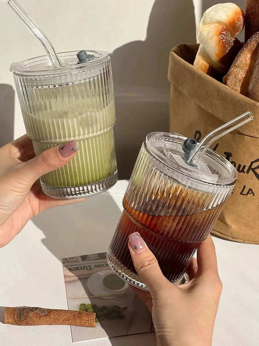 400ml Stripe Glass Cup with Lid and Straw - Set of 1 or 2, Transparent Drinkware for Coffee, Tea, Juice, Milk, Water - Home Fads