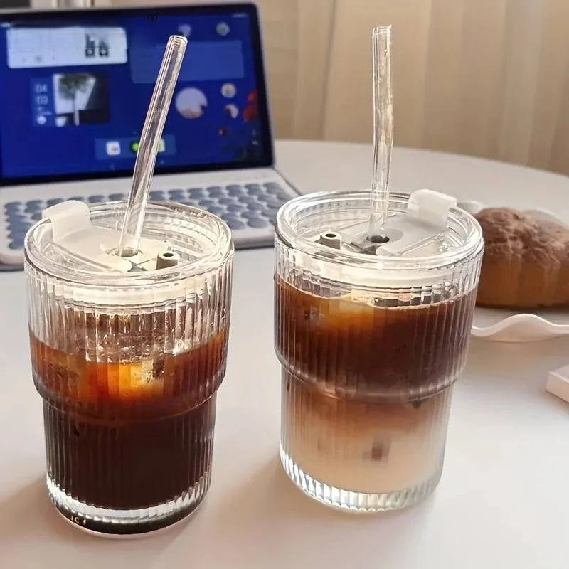 400ml Stripe Glass Cup with Lid and Straw - Set of 1 or 2, Transparent Drinkware for Coffee, Tea, Juice, Milk, Water - Home Fads