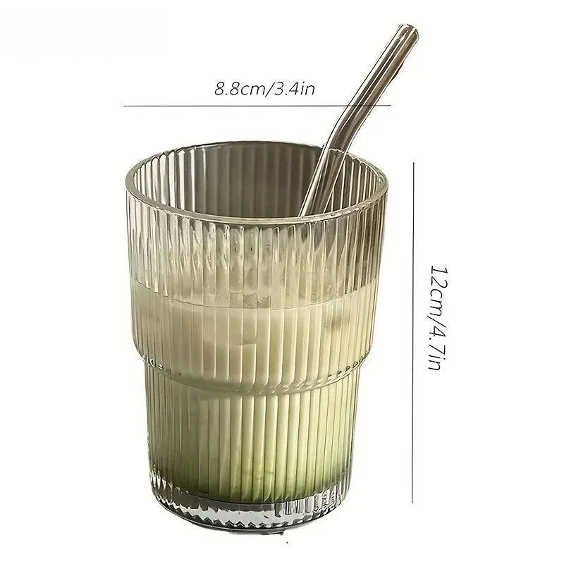 400ml Stripe Glass Cup with Lid and Straw - Set of 1 or 2, Transparent Drinkware for Coffee, Tea, Juice, Milk, Water - Home Fads