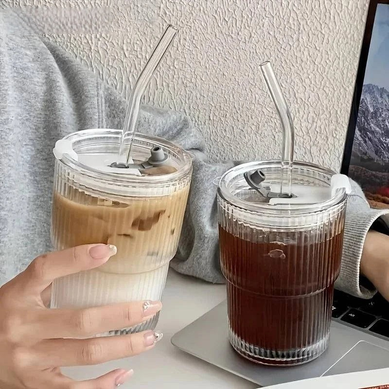 400ml Stripe Glass Cup with Lid and Straw - Set of 1 or 2, Transparent Drinkware for Coffee, Tea, Juice, Milk, Water - Home Fads