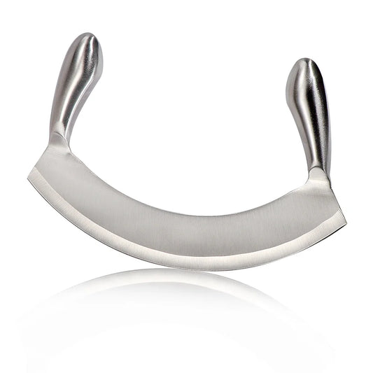 8.5-Inch Stainless Steel Mezzaluna Knife – Herb Mincer, Vegetable Chopper, Salad Dicer, and Pizza Cutter with Curved Blade - Home Fads