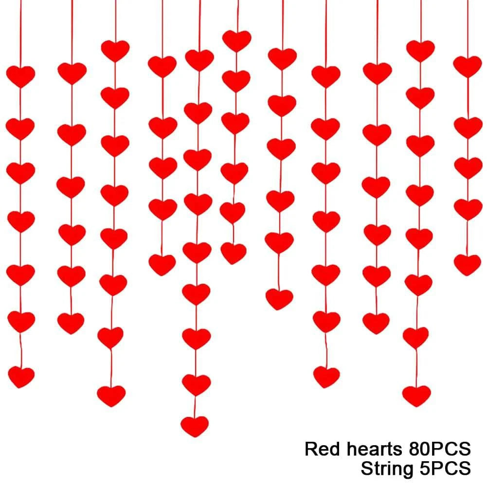 80-Piece Red Heart Felt Garland with 5 Strings for Valentines Day Decor - Ideal for Weddings, Birthdays, and Parties - Home Fads