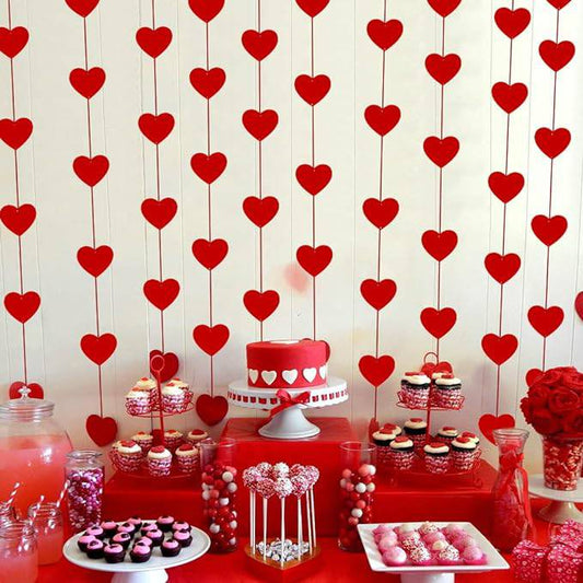 80-Piece Red Heart Felt Garland with 5 Strings for Valentines Day Decor - Ideal for Weddings, Birthdays, and Parties - Home Fads