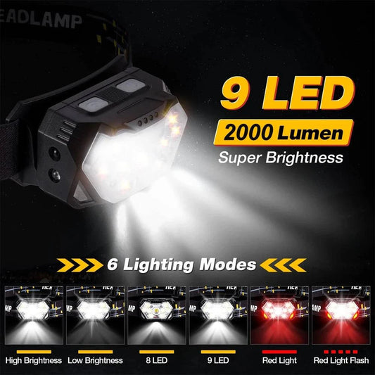 9 LED USB Rechargeable Motion Sensor Headlamp - 2000 Lumen for Hiking, Fishing, Camping, Outdoor Activities, and Work - Home Fads