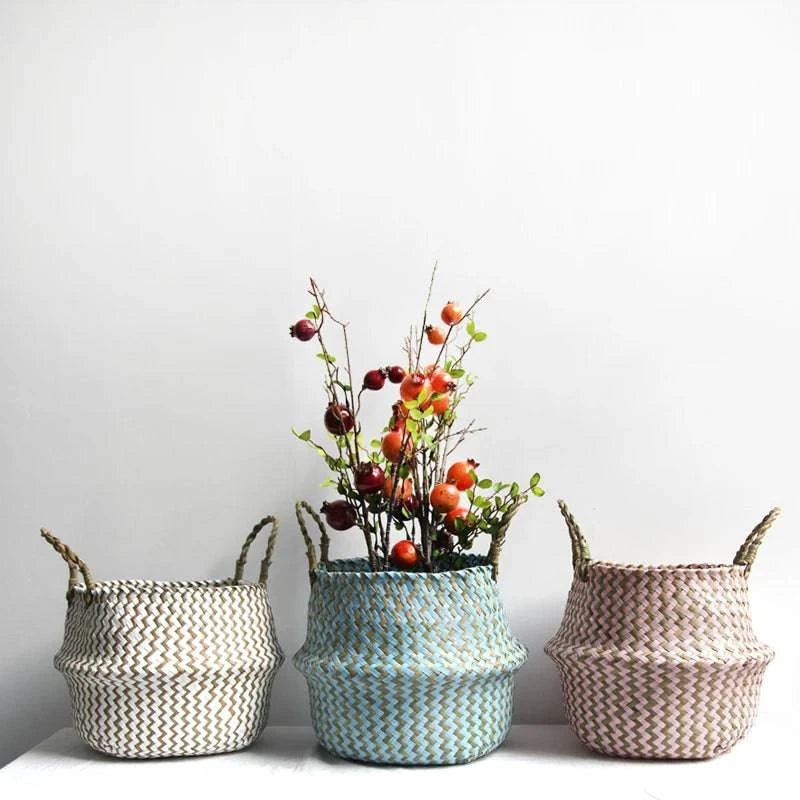 Boho Chic Handmade Striped Wicker Storage Baskets - Collapsible Laundry Basket and Flower Pot - Home Fads