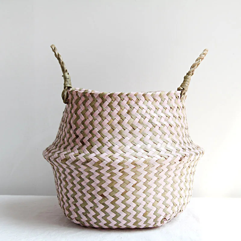 Boho Chic Handmade Striped Wicker Storage Baskets - Collapsible Laundry Basket and Flower Pot - Home Fads