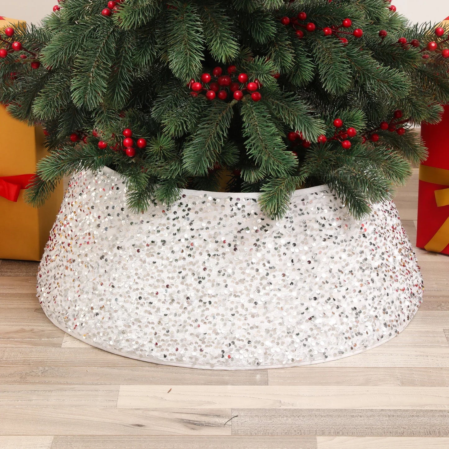 Decorative Holiday Tree Collar – Printed & Sequin Designs for Festive Décor, Plant Pots, and Celebrations, Made from Durable Non-Woven Fabric - Home Fads