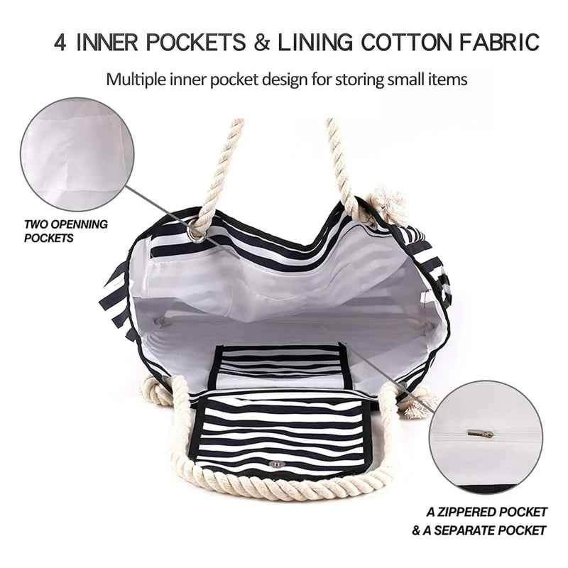 Elegant Striped Canvas Tote for Women - Spacious and Versatile Shoulder Bag for Shopping, Travel, School, and Beach