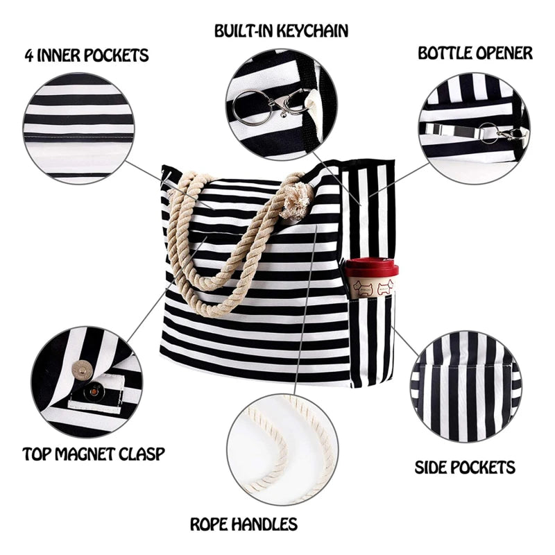 Elegant Striped Canvas Tote for Women - Spacious and Versatile Shoulder Bag for Shopping, Travel, School, and Beach