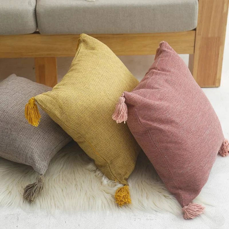 European Linen Cushion Covers with Tassels - 18x18 Inch - Versatile Decor for Couches, Beds, Living Rooms, Bedrooms, Cars - Home Fads