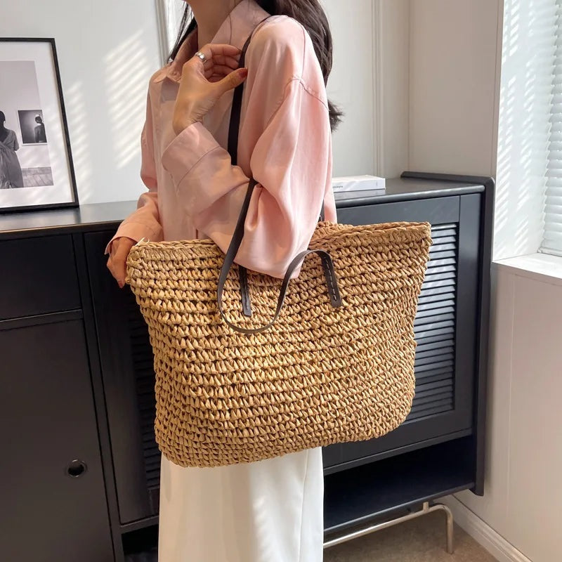 Exquisite Handwoven Straw Tote Bag - Stylish and Spacious Shoulder Handbag for Women - Perfect for Summer Beach Outings and Casual Shopping - Home Fads