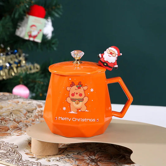 Festive Ceramic Mug with Lid & Spoon – 400ml Santa and Elk Design for Coffee, Milk, and Tea - Home Fads