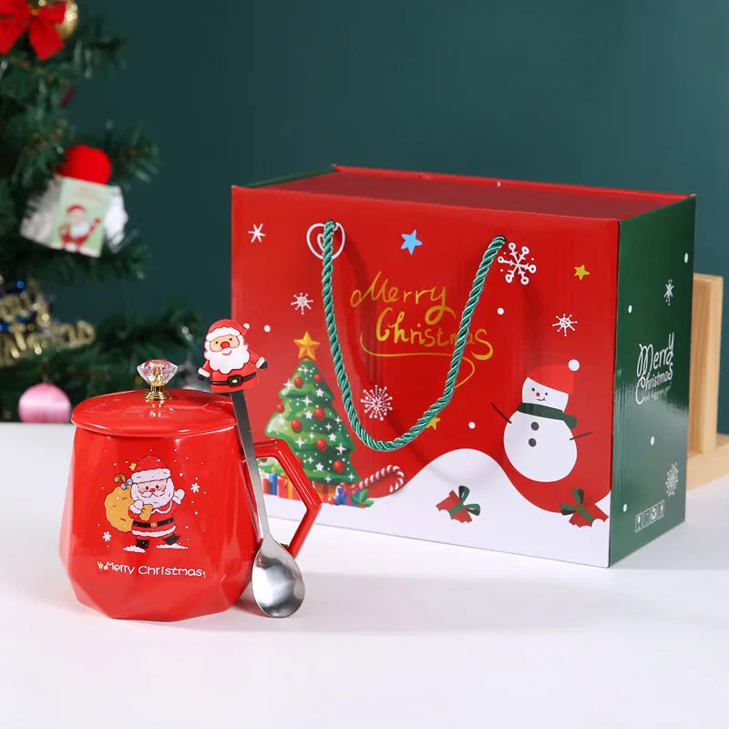 Festive Ceramic Mug with Lid & Spoon – 400ml Santa and Elk Design for Coffee, Milk, and Tea - Home Fads