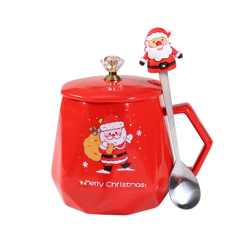 Festive Ceramic Mug with Lid & Spoon – 400ml Santa and Elk Design for Coffee, Milk, and Tea - Home Fads