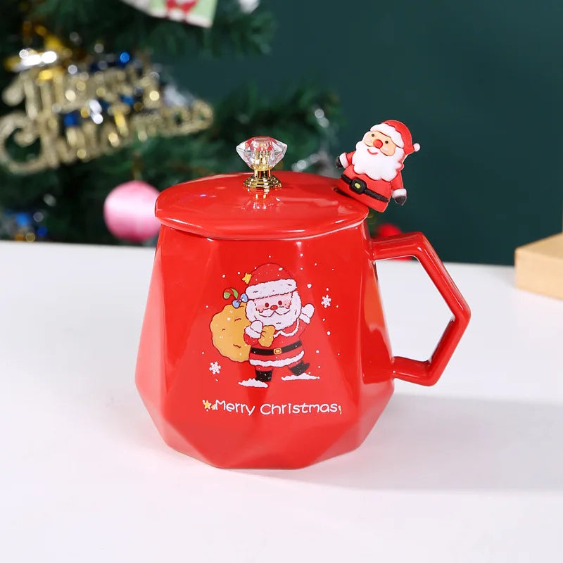 Festive Ceramic Mug with Lid & Spoon – 400ml Santa and Elk Design for Coffee, Milk, and Tea - Home Fads