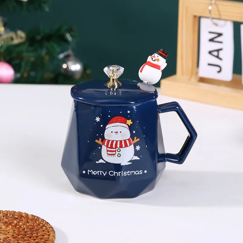 Festive Ceramic Mug with Lid & Spoon – 400ml Santa and Elk Design for Coffee, Milk, and Tea - Home Fads
