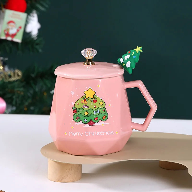 Festive Ceramic Mug with Lid & Spoon – 400ml Santa and Elk Design for Coffee, Milk, and Tea - Home Fads