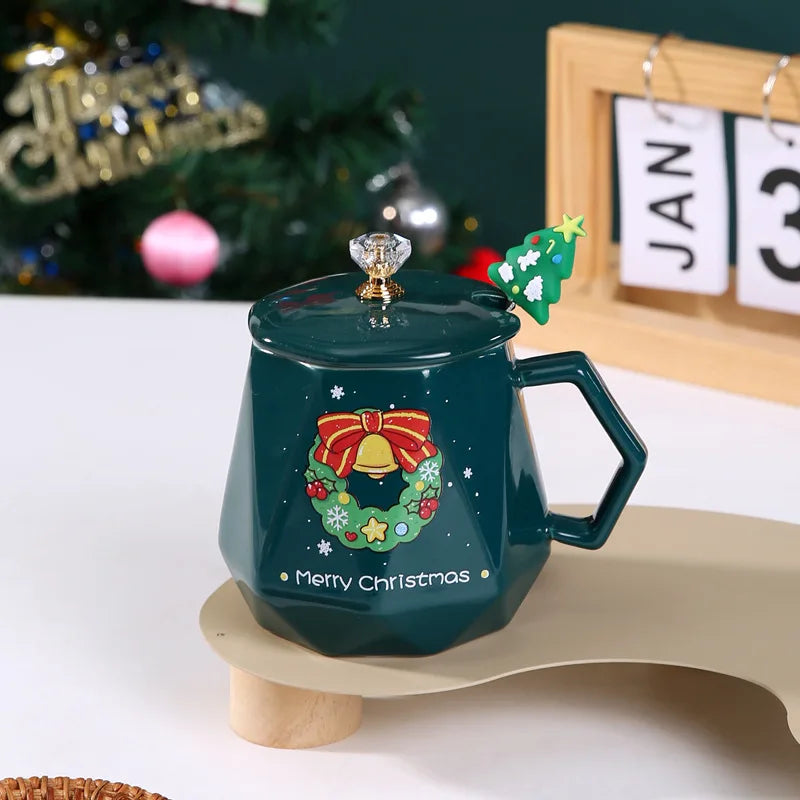 Festive Ceramic Mug with Lid & Spoon – 400ml Santa and Elk Design for Coffee, Milk, and Tea - Home Fads