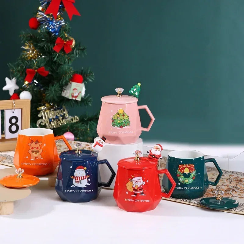 Festive Ceramic Mug with Lid & Spoon – 400ml Santa and Elk Design for Coffee, Milk, and Tea - Home Fads