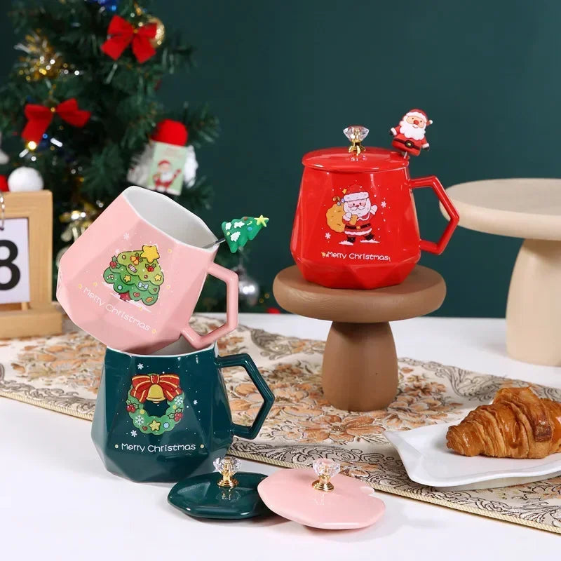 Festive Ceramic Mug with Lid & Spoon – 400ml Santa and Elk Design for Coffee, Milk, and Tea - Home Fads