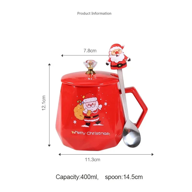 Festive Ceramic Mug with Lid & Spoon – 400ml Santa and Elk Design for Coffee, Milk, and Tea - Home Fads