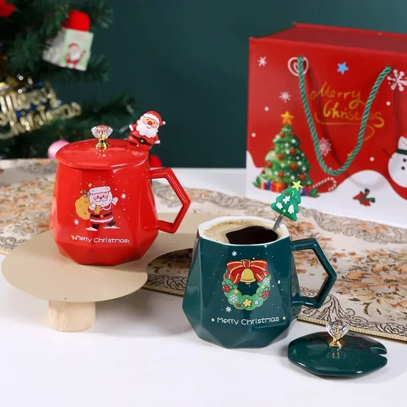 Festive Ceramic Mug with Lid & Spoon – 400ml Santa and Elk Design for Coffee, Milk, and Tea - Home Fads
