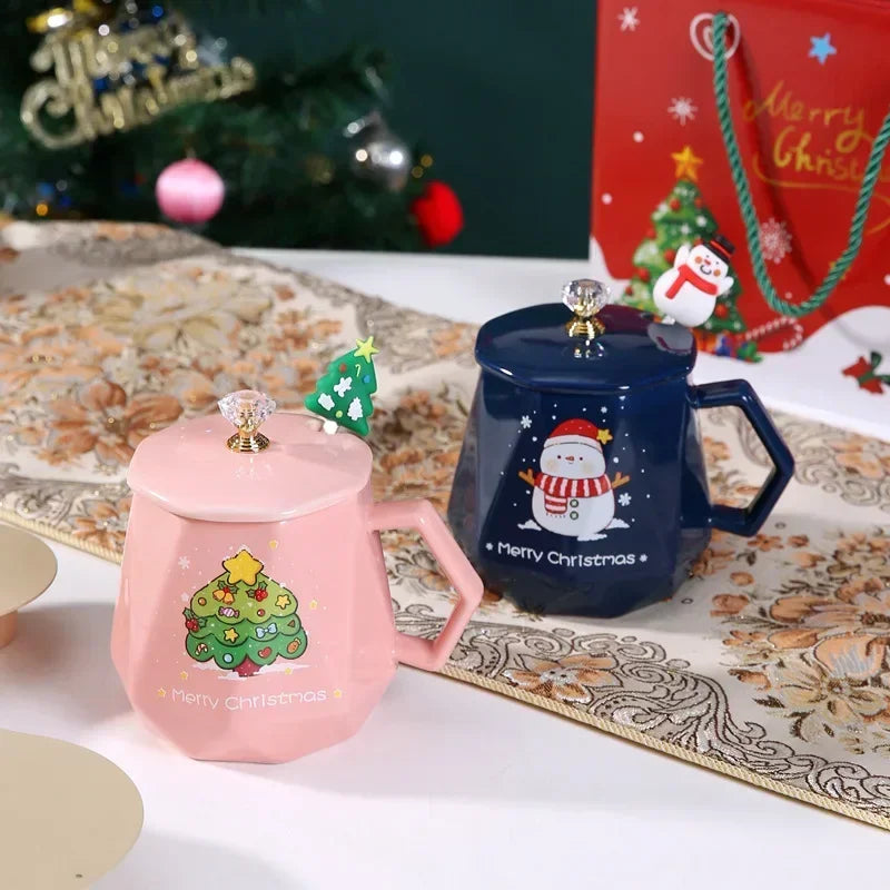 Festive Ceramic Mug with Lid & Spoon – 400ml Santa and Elk Design for Coffee, Milk, and Tea - Home Fads