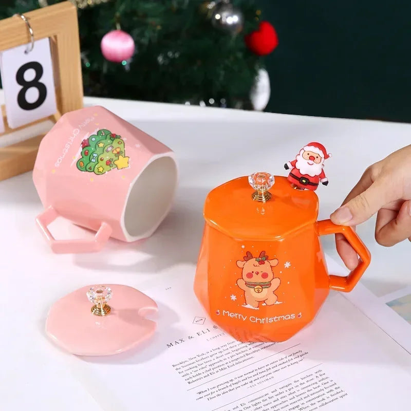 Festive Ceramic Mug with Lid & Spoon – 400ml Santa and Elk Design for Coffee, Milk, and Tea - Home Fads