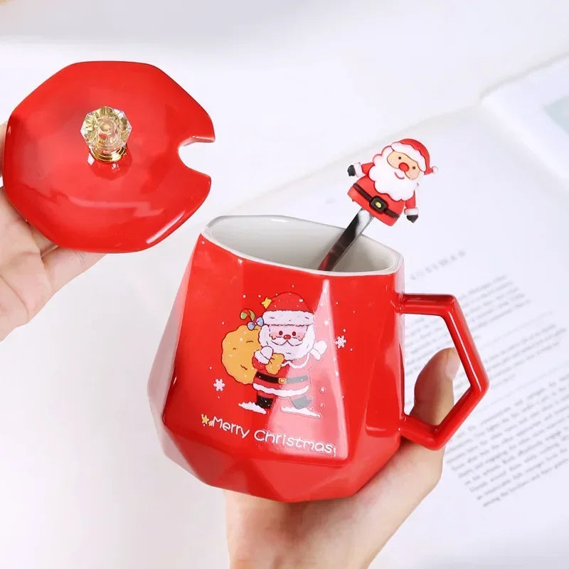 Festive Ceramic Mug with Lid & Spoon – 400ml Santa and Elk Design for Coffee, Milk, and Tea - Home Fads