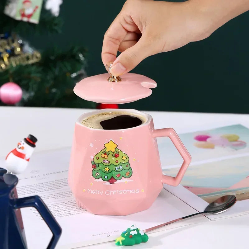 Festive Ceramic Mug with Lid & Spoon – 400ml Santa and Elk Design for Coffee, Milk, and Tea - Home Fads