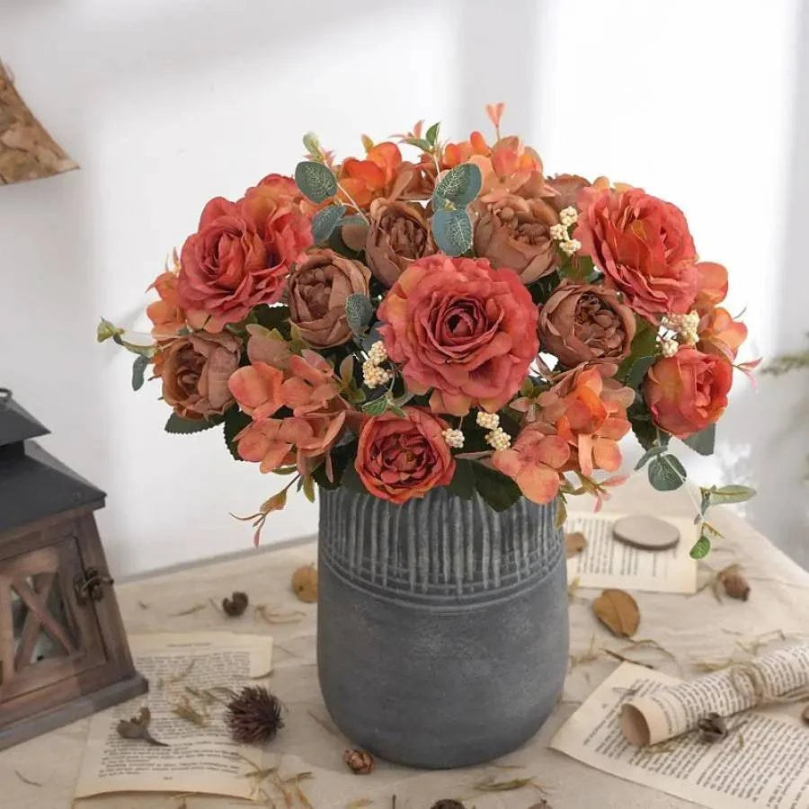 Vintage Silk Rose Bouquet Hydrangea Peony Artificial Flowers - Wedding Home Decoration - Home Fads