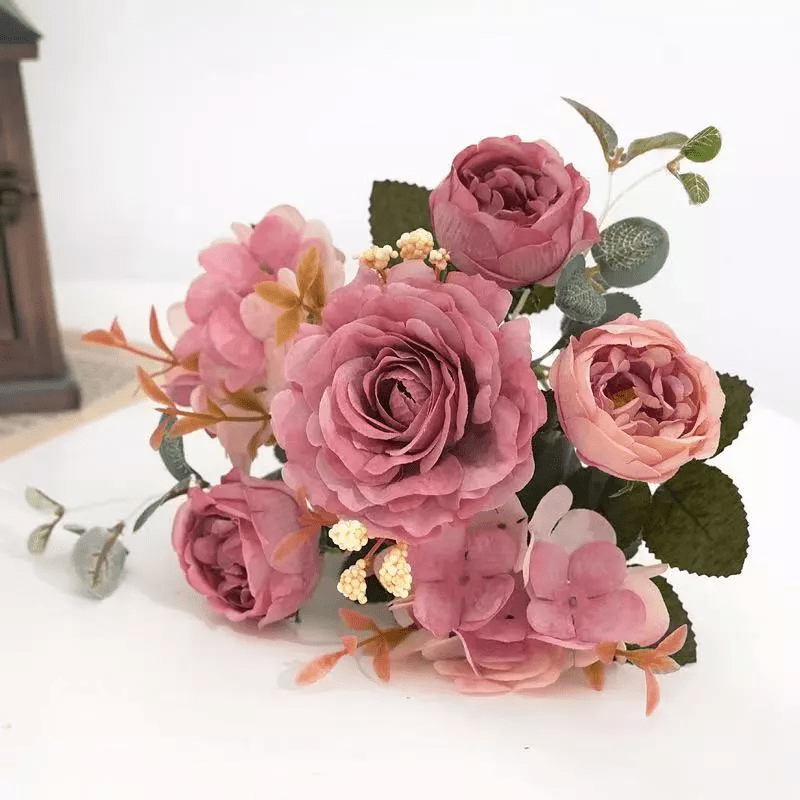 Vintage Silk Rose Bouquet Hydrangea Peony Artificial Flowers - Wedding Home Decoration - Home Fads