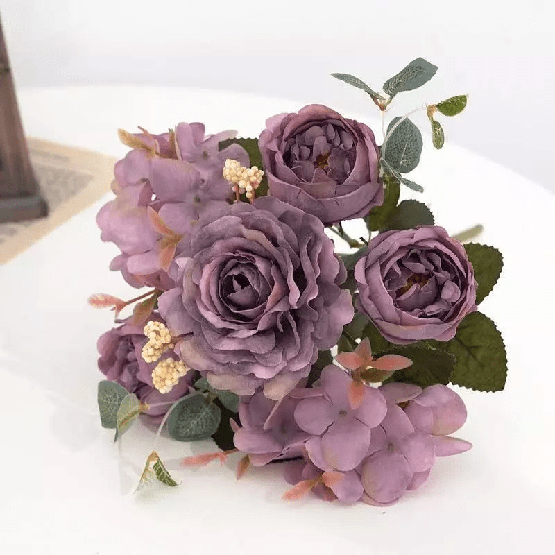 Vintage Silk Rose Bouquet Hydrangea Peony Artificial Flowers - Wedding Home Decoration - Home Fads